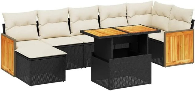 vidaXL 8-teilige Garten-Sofagarnitur in L-Form aus schwarzem Poly-Rattan mit Kissen und Akazienholz - Bild 1