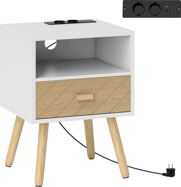HOMCOM Nachttisch mit Ladestation in Weiß mit Schublade, USB- und Typ-C-Anschluss sowie 2 AC-Steckdosen und offener Ablage - Bild 1
