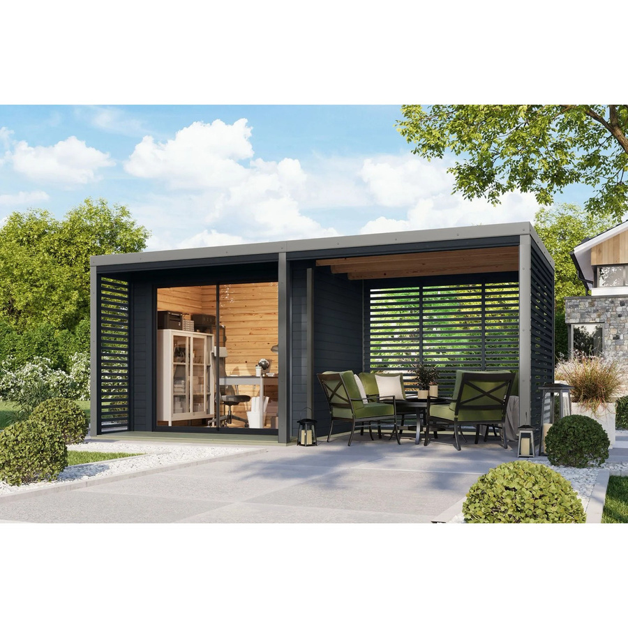 Karibu Gartenhaus Flavio B mit Anbaudach aus Massivholz in Grau-Anthrazit - Bild 2