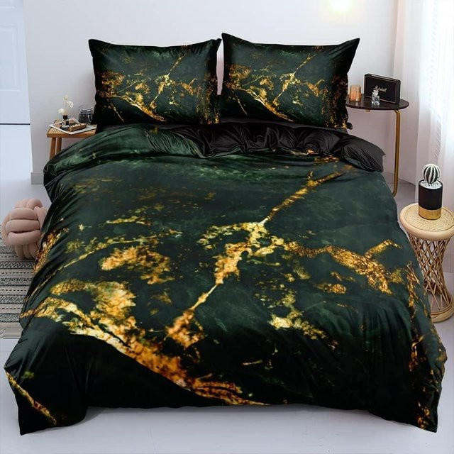 JMG Household Supplies Bettwäschegarnitur mit Marmor-Design in Gold und Grün, 3D-Druck aus ultrafeiner Mikrofaser, bestehend aus Bettbezug und Kissenbezug mit Reißverschluss, Breite: 175 cm, Länge: 220 cm - Bild 1