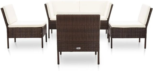 vidaXL 6-tlg Garten-Lounge-Set in L-Form aus braunem Poly-Rattan mit cremeweißen Auflagen und pulverbeschichtetem Stahlgestell - Bild 1