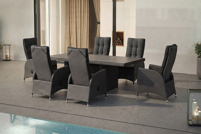 OUTFLEXX Rocking Garten-Essgruppe aus Polyrattan und Aluminium in Grau/Schwarz mit Glastisch und 6 Sesseln, Tisch Breite: 220 cm, Tiefe: 100 cm - Bild 1