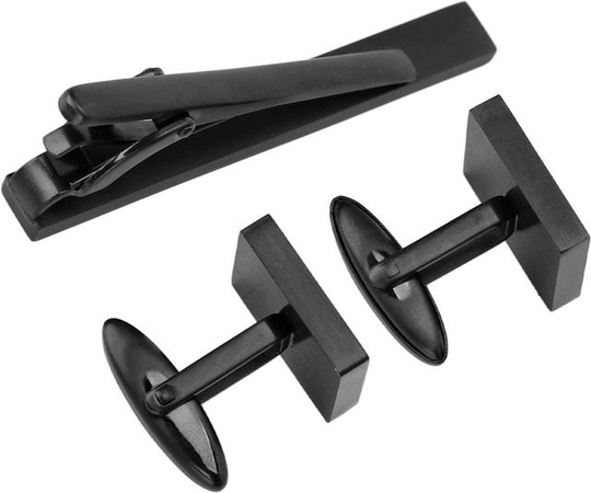 Manschettenknöpfe und Krawattenklammer Set, Edelstahl, Schwarz
