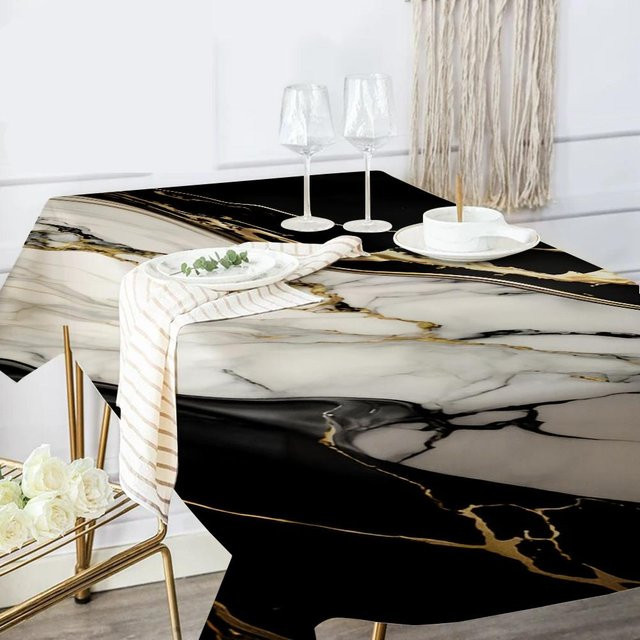 Wasserdichte Tischdecke von JINGYUE Pet in Schwarz Gold Marmor Optik, rechteckig, B/T: 150 x 180 cm - Bild 1