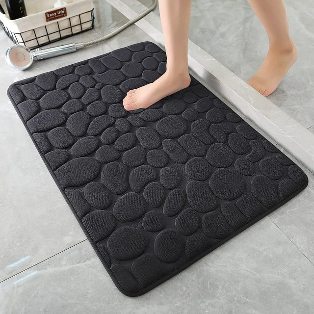 Wasserabsorbierende Badezimmer-Fußmatte mit Kopfsteinpflaster-Prägung aus Mikrofaser, Schwarz, B: 80 cm, T: 50 cm - Bild 1
