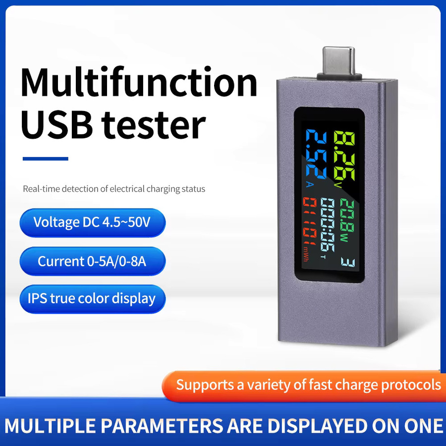 USB Typ-C Multifunktions Digital Tester für Spannung, Strom und Kapazität in Grau (DC 4,5-50V, 0-8A) - Bild 2