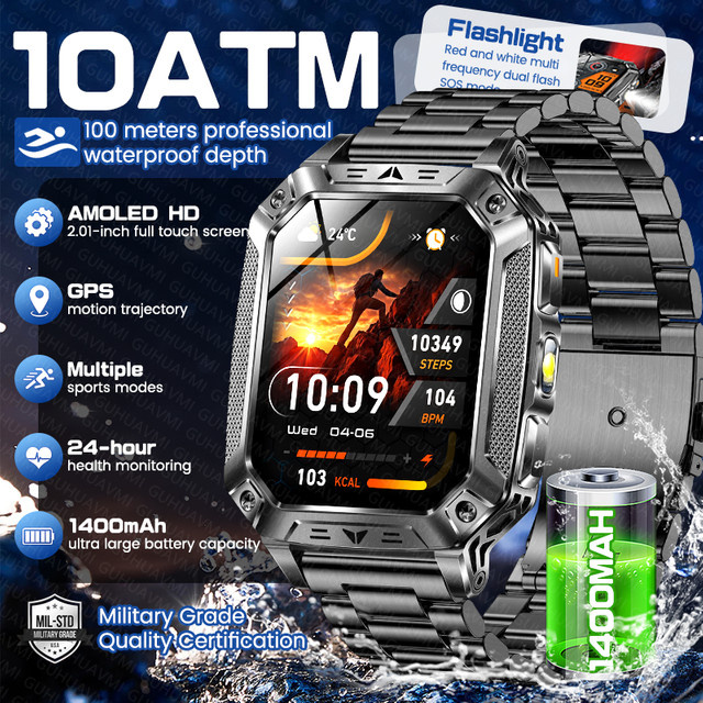 GUHUAVMI Smartwatch für Herren in Schwarz mit 10ATM Wasserdichtigkeit, GPS, Bluetooth-Anruf und integrierter Taschenlampe - Bild 1