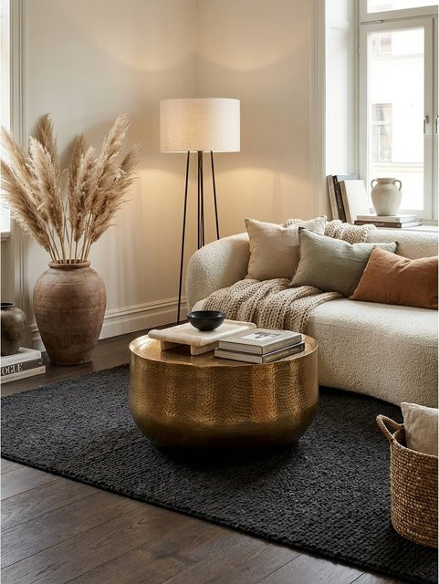 KADIMA DESIGN Couchtisch aus Aluminium im orientalischen Stil mit Hammerschlag-Muster, rund, Gold, Durchmesser: 60 cm, Höhe: 35 cm - Bild 1