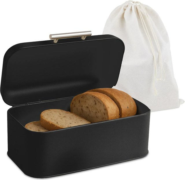 Relaxdays Brotkasten aus Metall mit Deckel und Brotbeutel, Schwarz, B/T/H: 30 x 15,5 x 21 cm - Bild 1