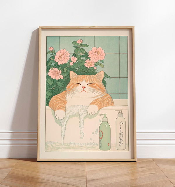 Ukiyo-e Katzendruck mit lustiger Ingwerkatze in der Badewanne, japanisches Wandposter im Retro-Stil, mehrfarbiges Tierporträt für deine Heimdekoration - Bild 1