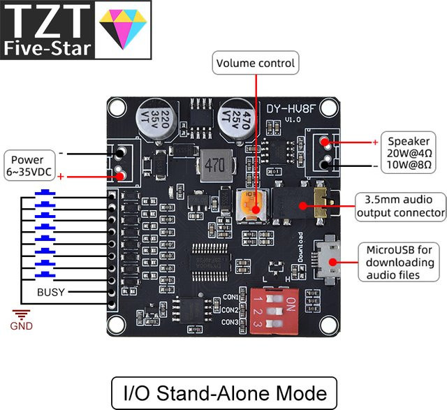 TZT MP3 Musik-Player Modul DY-HV8F mit Micro SD Karten-Unterstützung für Arduino, Schwarz - Bild 1