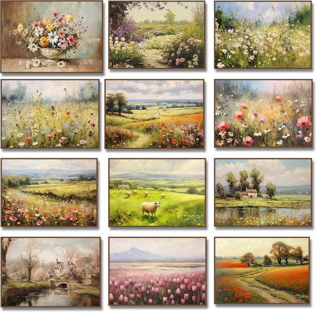 Potdemiel Rahmenloses Leinwandbild mit Wildblumen und See-Landschaft in Multicolour im Vintage-Stil - Bild 1