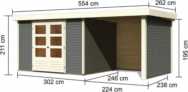 Karibu Gartenhaus ASKOLA 5 aus nordischer Fichte mit Pultdach und Anbaudach in Terragrau B: 302 cm, T: 246 cm, H: 211 cm - Bild 1