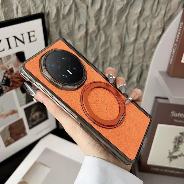 Magnetische PU-Leder Schutzhülle mit Ringständer für Honor Magic V6 in Schwarz, Grau, Rot, Pink oder Orange - Bild 1
