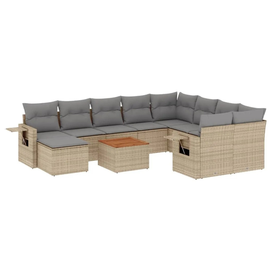 vidaXL 11-teilige Garten-Sofagarnitur aus Poly-Rattan und Akazienholz in Beige-grau mit Kissen - Bild 2