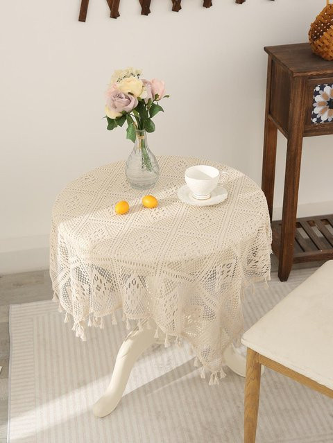 Beige gehäkelte Tischdecke mit Karomuster im Retro-Stil von JINGYUE Pet, B/B: 90 x 90 cm - Bild 1