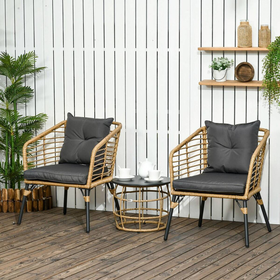 Outsunny Rattan Gartenmöbel-Set 3-teilige Sitzgruppe mit Couchtisch und 2 Stühlen in Sand und Dunkelgrau, B/T/H: 65 x 62 x 78 cm - Bild 3