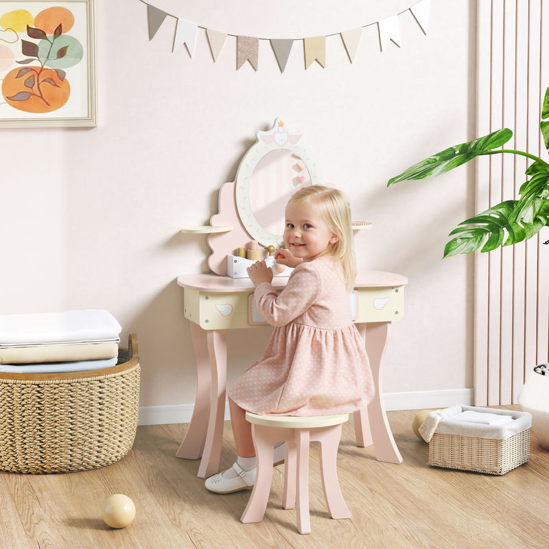 AIYAPLAY Schminktisch Kinder Set mit Hocker und 7 Spielzubehörteilen, 2-in-1 Frisiertisch mit abnehmbarem Spiegel und Schublade, Rosa - Bild 2
