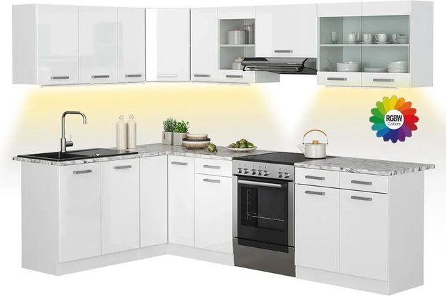 Vicco Rick Eckküche Weiß Hochglanz mit LED-Leisten und Marmor-Optik B: 267 cm, H: 167 cm, T: 82 cm - Bild 1