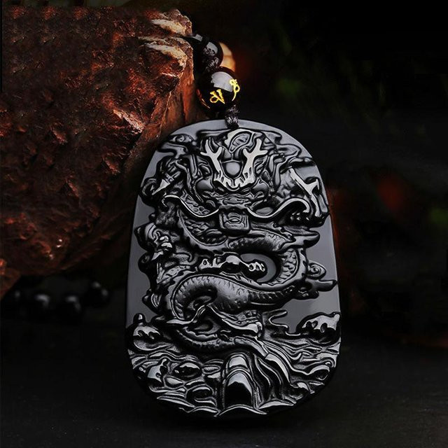 YIRAN Anhänger Halskette, Obsidian Drachenmarke Tyrannosaurus Rex, Kupfer, Schwarz, Unisex - Bild 1