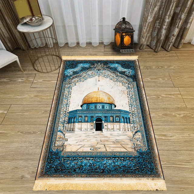 VIKAMA Islamischer Gebetsteppich Felsendom Ölgemälde-Design in Blau-Gold mit Quasten - Bild 1
