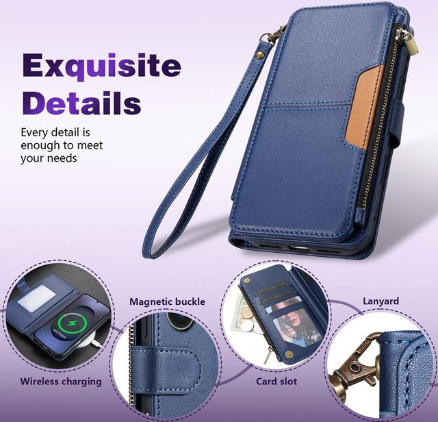 Samsung Magnetische Lederhülle mit Portemonnaie und Multi-Kartenfach als Klapphülle mit Reißverschluss und Ständer in Blau für Galaxy S26 Ultra S25 FE S24 Plus S23 S22 S21 S20 S26 Plus - Bild 1