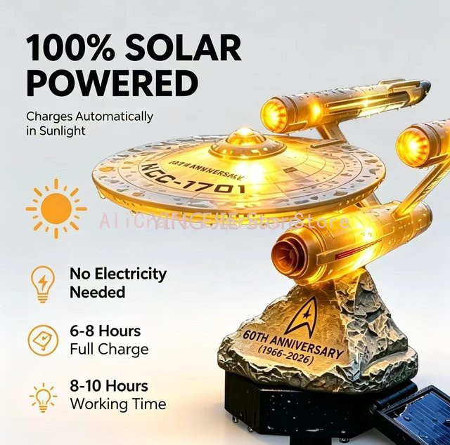 Retro Sci-Fi Raumschiff Solar-Gartenleuchte aus Harz mit warmweißer LED, IP65 wasserdicht, Farbe Gold/Messing - Bild 1