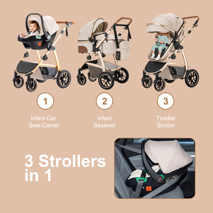 3-in-1 Reisekinderwagen mit höhenverstellbarem Griff und Moskitonetz aus Aluminium in Schwarz oder Beige - Bild 4