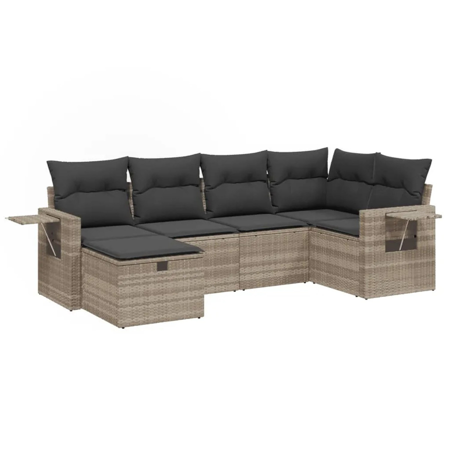 vidaXL 6-teilige Garten-Sofagarnitur in L-Form mit Ottoman, Hellgrau, Poly Rattan und Polsterkissen - Bild 2