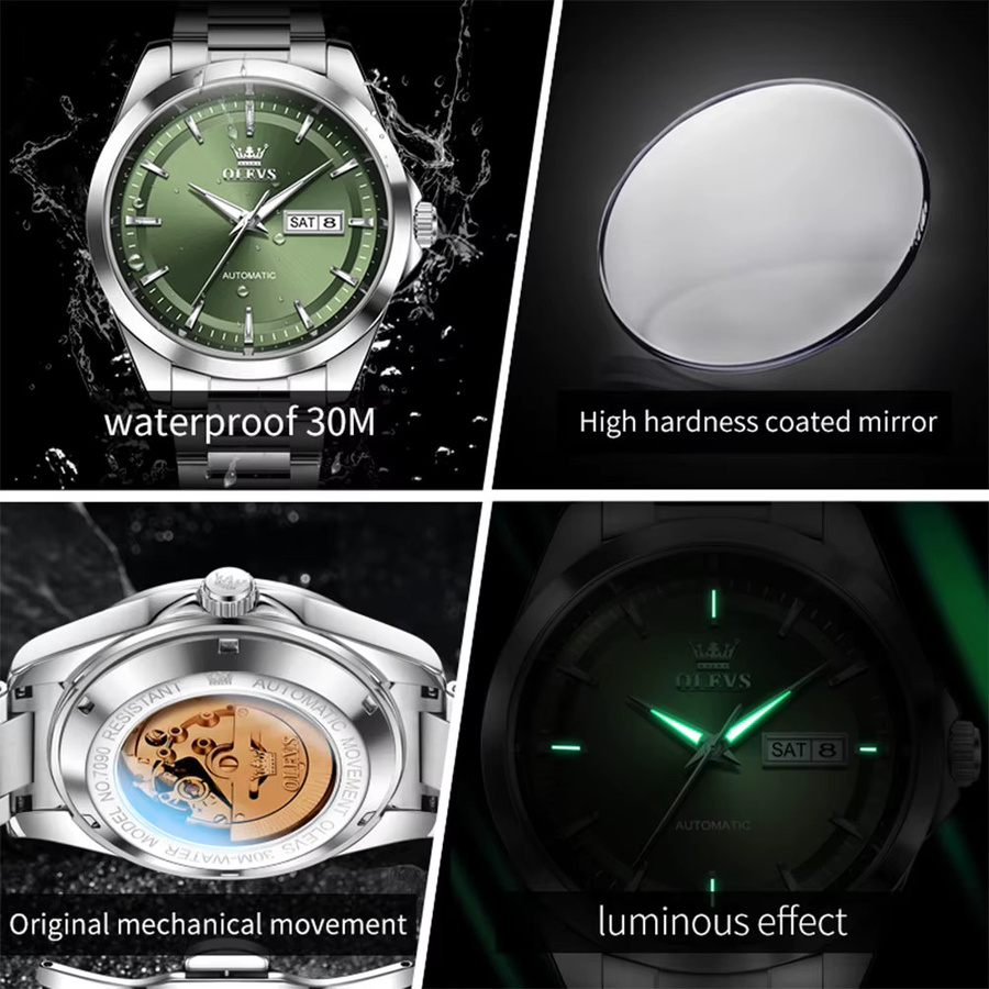 OLEVS Armbanduhr, Automatik, Edelstahl, Bicolor, Grün, Herren - Bild 5