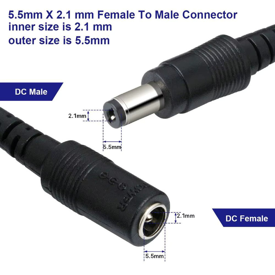 DC Netzstecker Adapter Set mit männlichen und weiblichen Steckern 5,5 x 2,1 mm für LED-Streifen und CCTV in Schwarz und Weiß - Bild 3