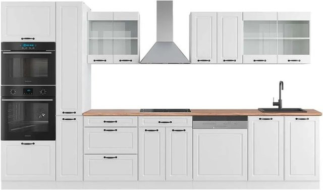 Vicco R-Line Küchenzeile Landhaus Weiß-strukturiert mit Hochschrank Eiche, Breite: 350 cm - Bild 1
