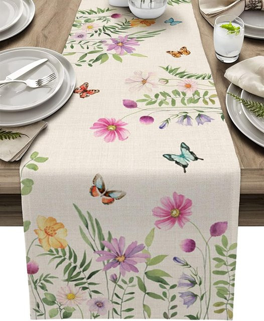 JINGYUE Pet Tischläufer aus Leinen mit floralem Blumen- und Schmetterlingsmuster in Weiß, B/T: 150 x 33 cm - Bild 1