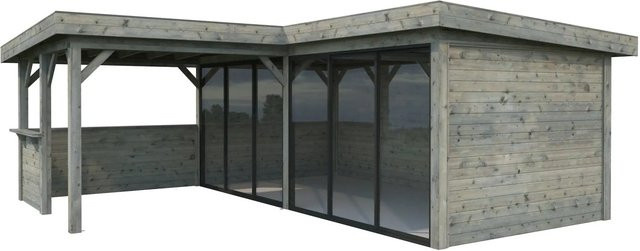 Palmako Pavillon Lenna Set 422 Slide Grau, Tauchgrundiertes Fichtenholz mit Alu-Schiebetüren und Eck-Tresenanlage, B/T: 588 x 588 cm - Bild 1