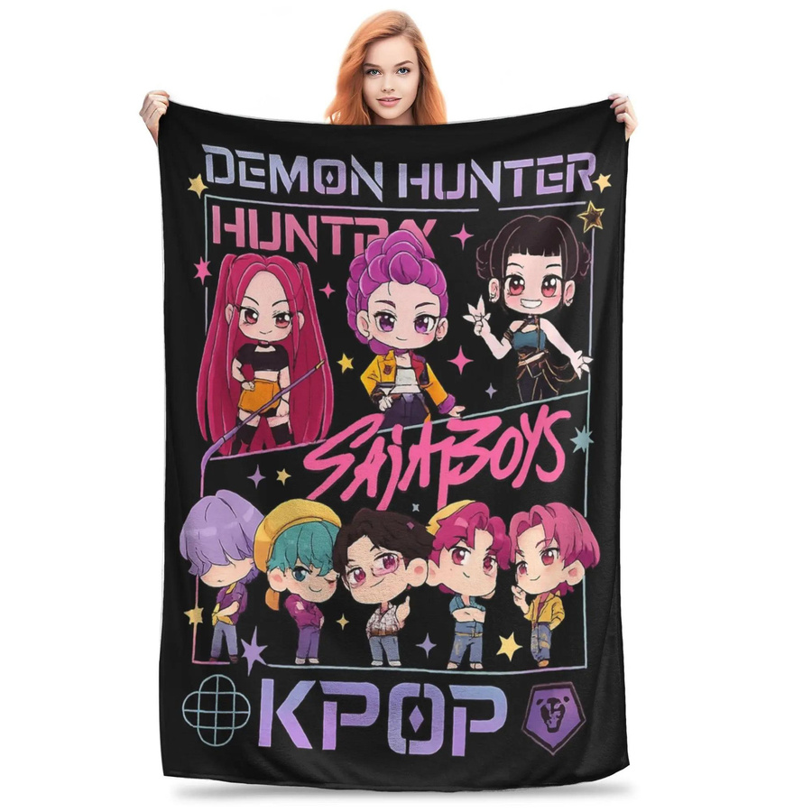 Huntrix Kpop Dämonenjäger Korallenfleece Überwurfdecke aus weichem Plüsch, Mehrfarbig, B: 150 cm, T: 125 cm - Bild 3