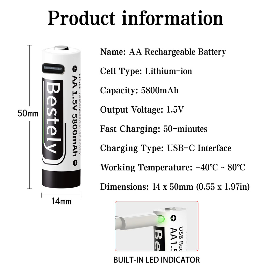 BaKKiter AA Li-Ionen Akku 1,5V mit 5800mAh und USB-C Anschluss, weiß - Bild 2