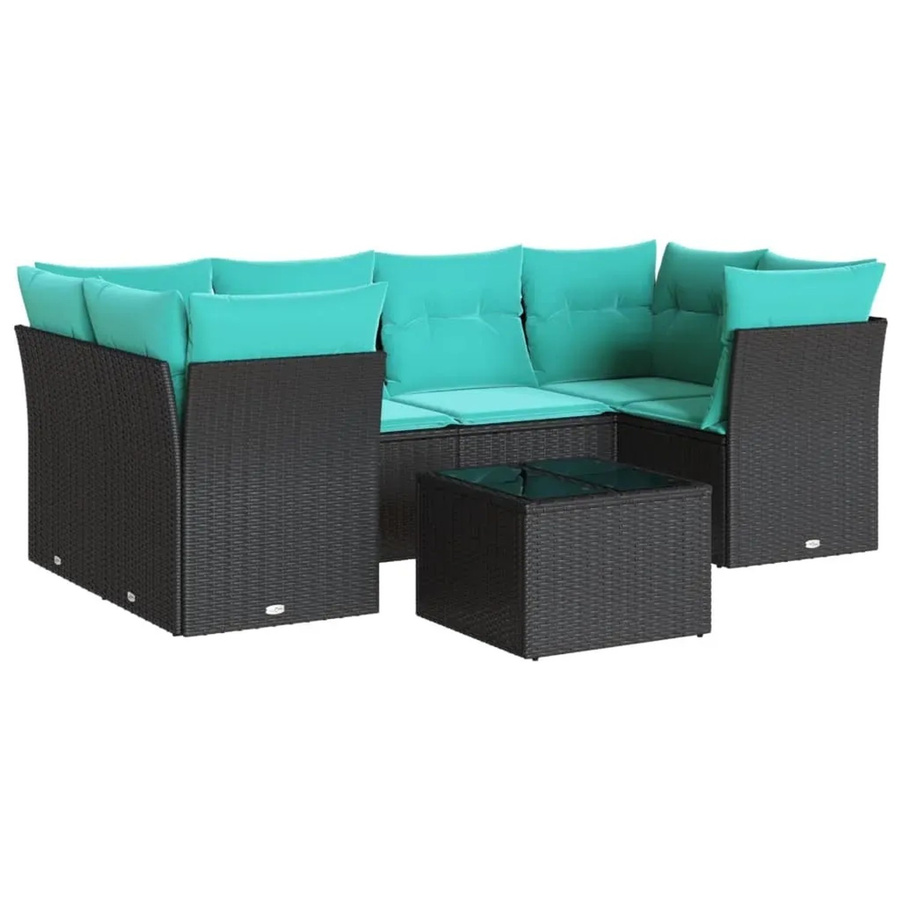 vidaXL 7-teilige Garten-Sofagarnitur in L-Form mit Kissen und Couchtisch, Schwarz, Poly-Rattan mit Metallgestell - Bild 2