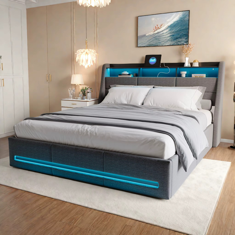 Rosahqnda Polsterbett in Grau mit Stauraum, LED-Kopfteil und USB-Ladefunktion, B/T: 140 x 200 cm - Bild 3