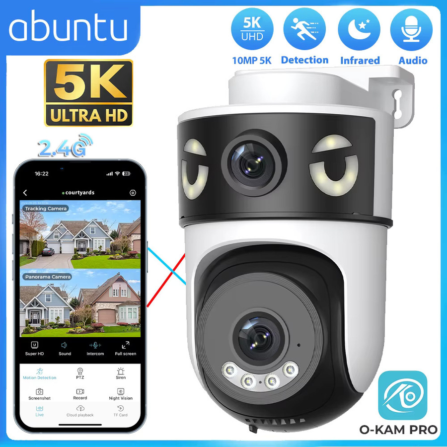 Abuntu O-KAM PRO Wifi Sicherheit Kamera mit Dual Lens, 10MP 5K Auflösung, Dual Bildschirme, 5X Digital Zoom, Nachtsicht und Menschlicher Erkennung, Weiß - Bild 2