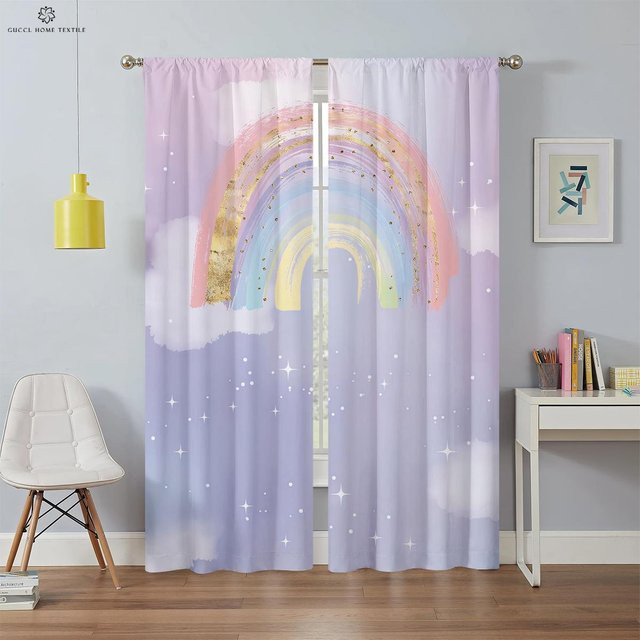 Yiran Furniture Einhorn Vorhänge für Kinder mit Regenbogen-Motiv, 2er-Set, halbtransparent, Multicolour, Breite: 70 cm, Höhe: 100 cm - Bild 1