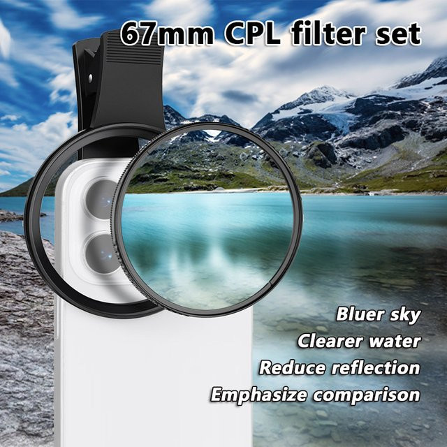 OBKEY Clip-on CPL Handy-Kamera-Objektivfilter-Set in Schwarz, verstellbarer Zirkularpolarisationsfilter für iPhone, Samsung und Android, 67mm - Bild 1