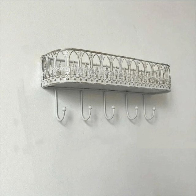 Stermin Wandregal aus Metall im Vintage-Stil mit Kleiderstange und Haken, Weiß - Bild 1