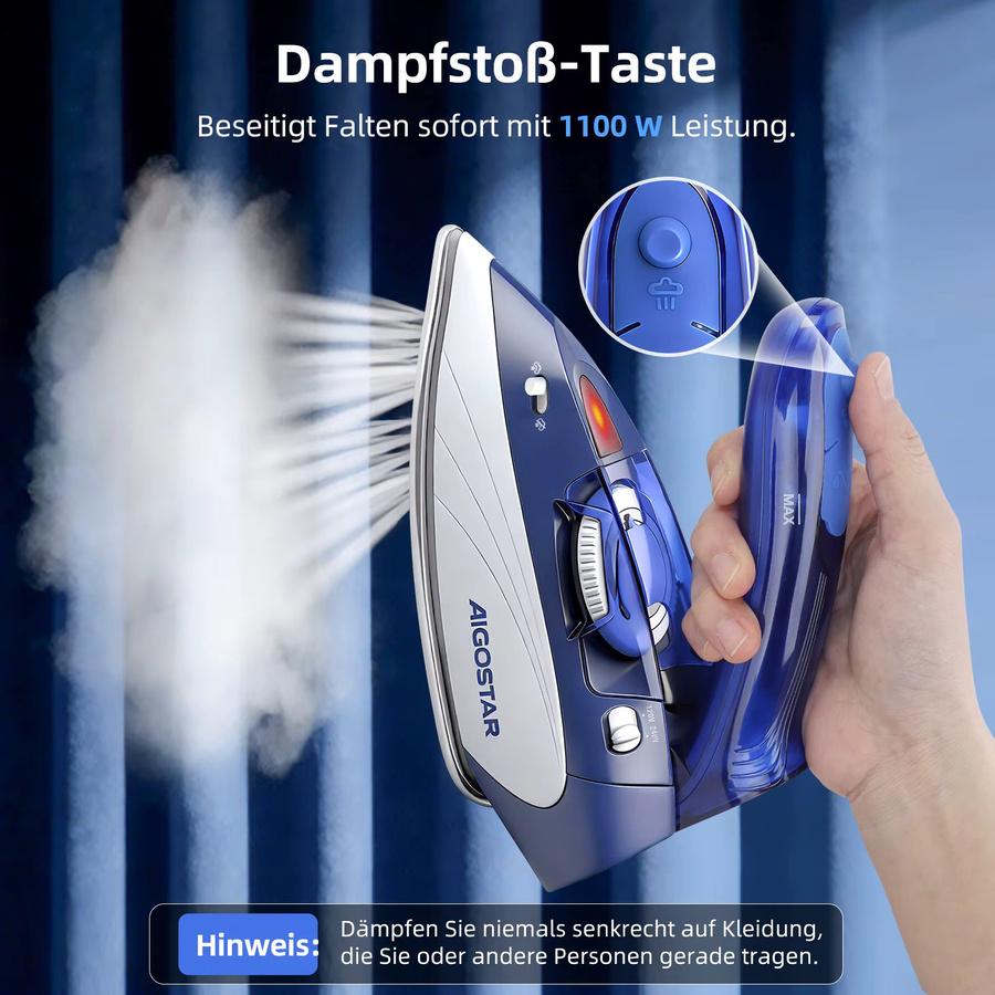 Aigostar Reise-Dampfbügeleisen in Blau mit 1100W, faltbarer Griff, 80ml Wassertank und mehreren Temperaturstufen - Bild 5