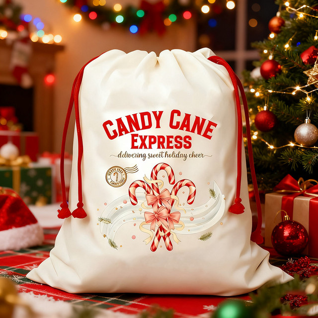 Weihnachtlicher Geschenksack mit Santa-Motiv und Zuckerstangen-Design in Weiß für Baby und Kinder - Bild 1