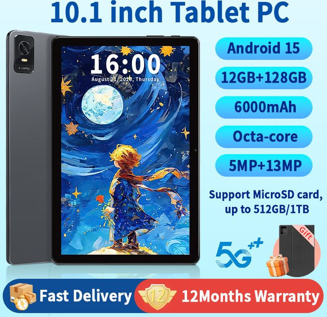 Paitanry 10,1 Zoll Android 15 Tablet mit 12 GB RAM und 128 GB Speicher (erweiterbar bis 1 TB), Octa Core, 1280 x 800 Auflösung, 6000 mAh Akku, Dual Kamera 5 MP + 13 MP - Bild 1