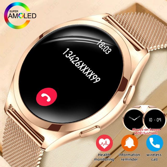 LIGE Smartwatch, 1,27 Zoll AMOLED, Damen, Schwarz, Roségold, Milanaise - Bild 1