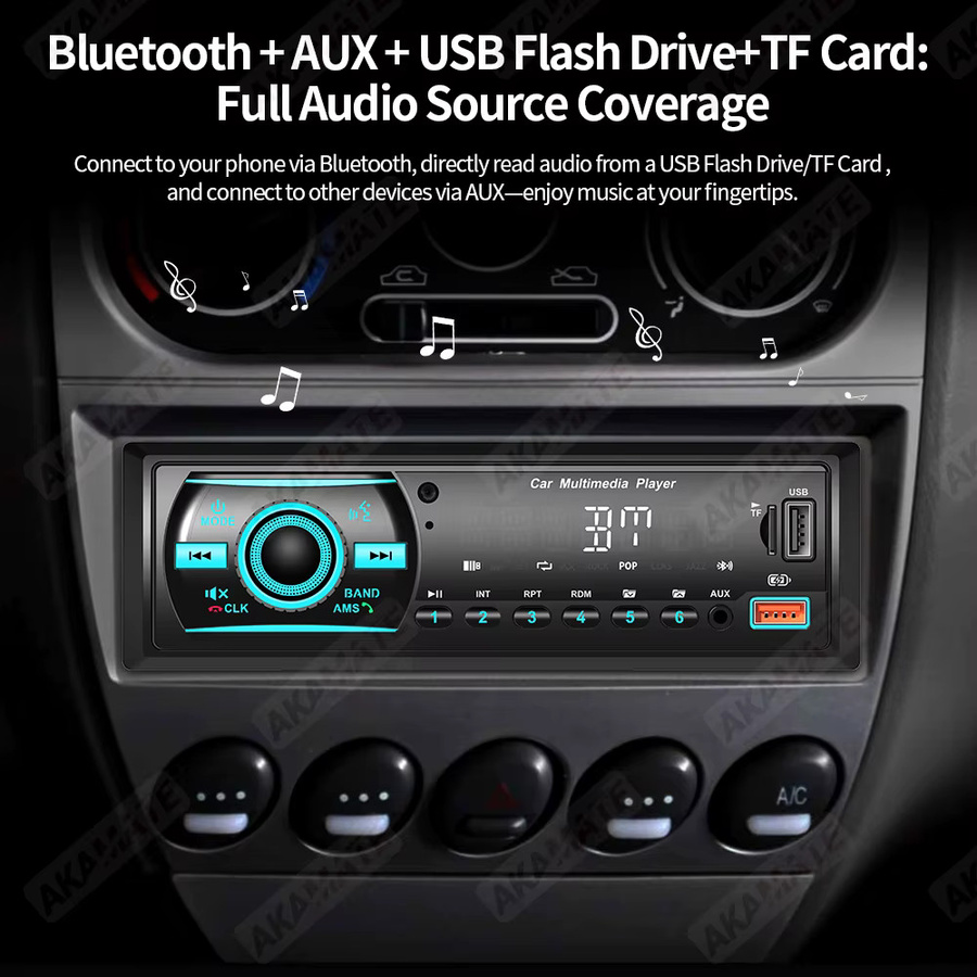 AKAMATE MP3 Autoradio mit Bluetooth, FM, AUX, USB und TF-Kartenslot in Schwarz - Bild 4