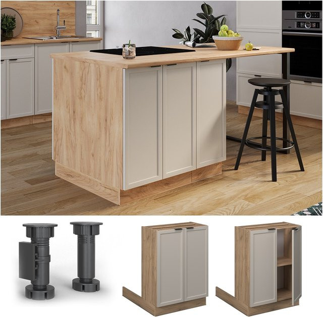 Vicco Regalinselunterschrank Fame-Line Küche Eiche Grau-Beige mit Soft-Closing-Scharnieren und Regalböden - Bild 1