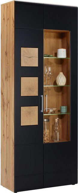 Mömax Vitrine im Industrial-Design mit Glastüren und Soft-Close-Funktion, Schwarz/Eichefarben, H: 208 cm, B: 80 cm, T: 37 cm - Bild 1