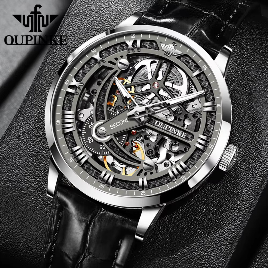 OUPINKE Armbanduhr, Skeleton, Automatik, Lederband, Herren - Bild 2